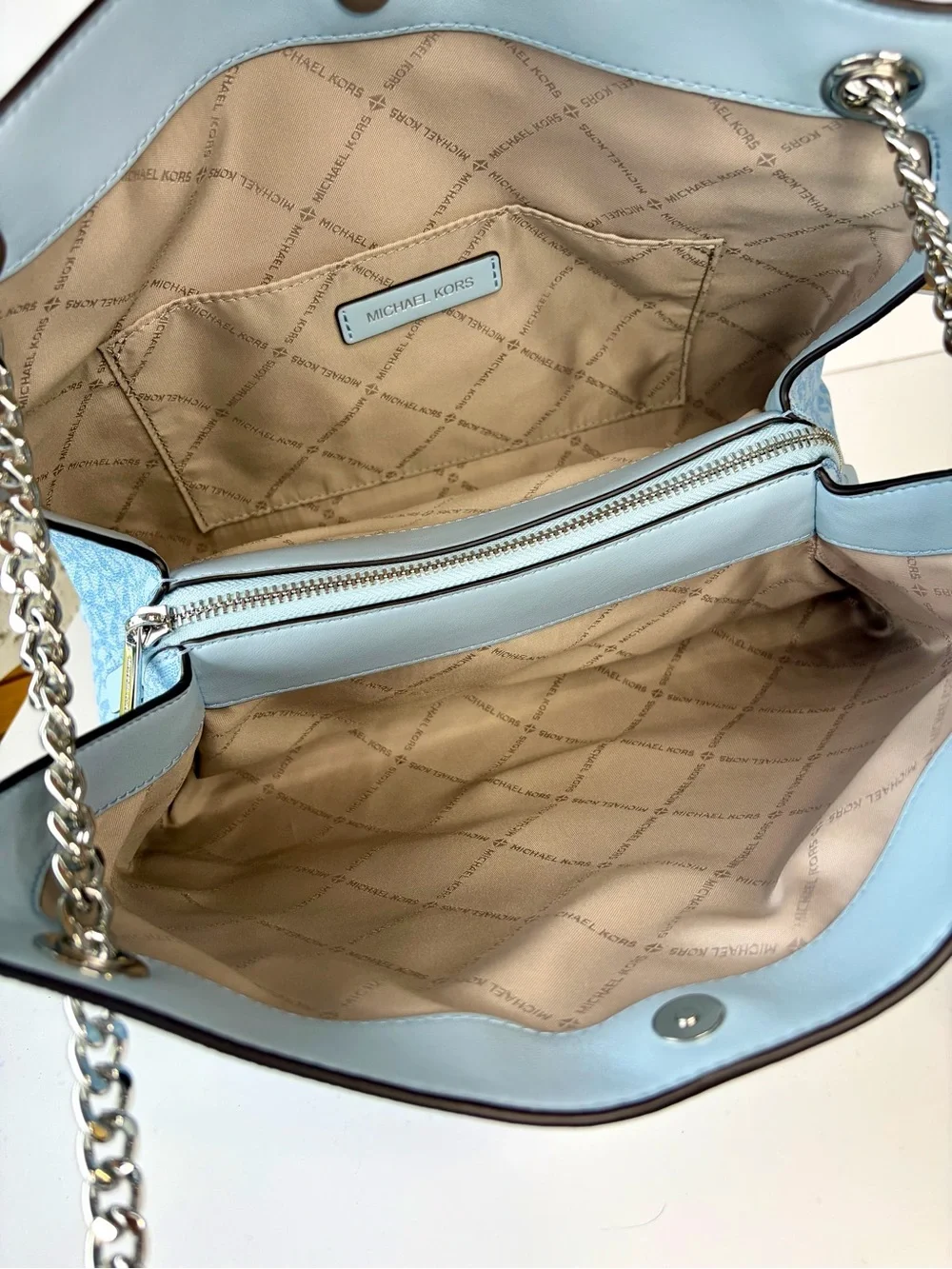 Michael Kors Pale Blue MK Logo Chain Shoulder Bag